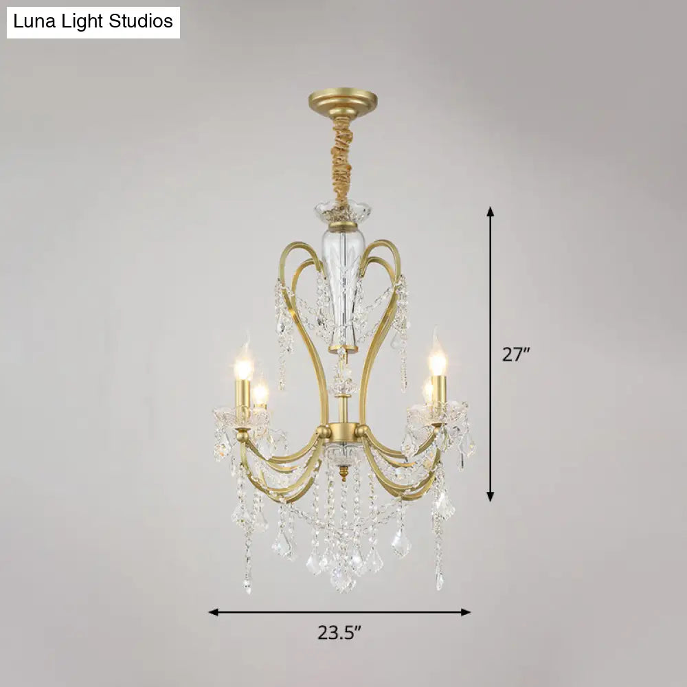 Rustic Gold Crystal Candlestick Chandelier - 4/6 Heads Bedroom Suspension Light