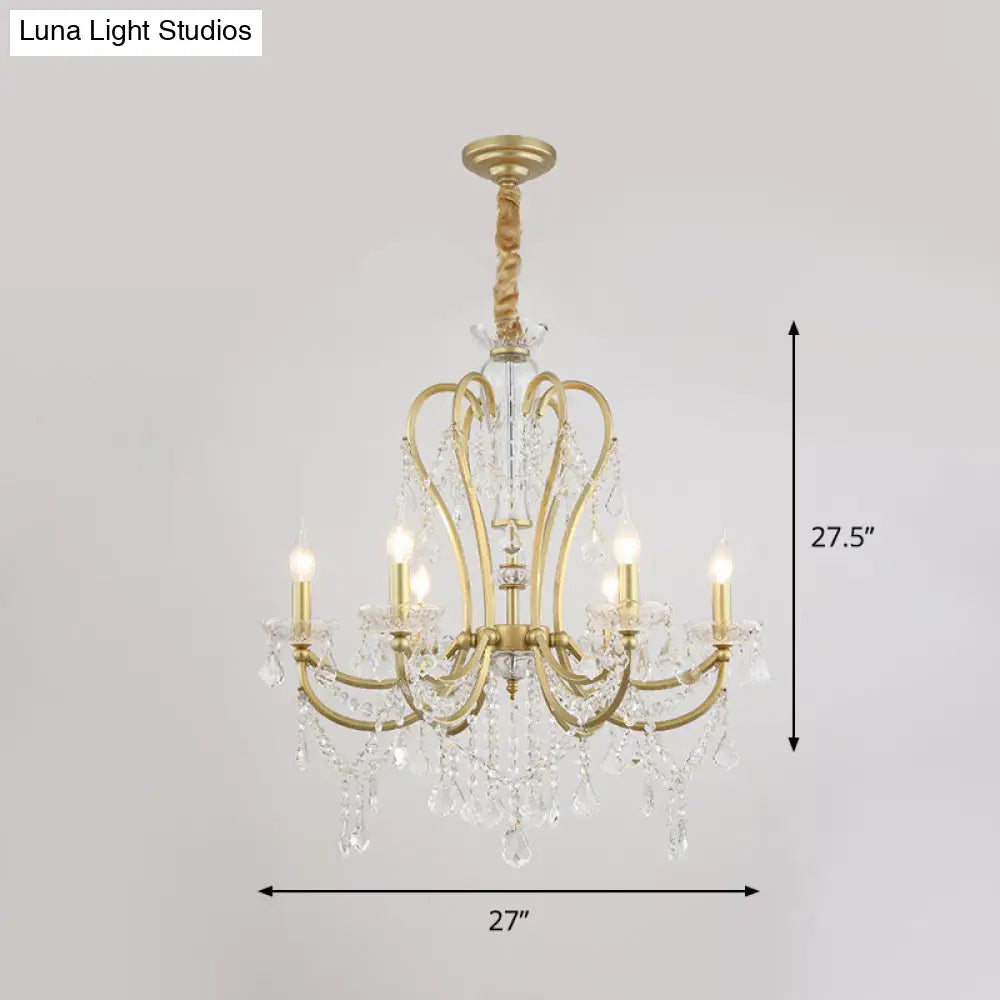 Rustic Gold Crystal Candlestick Chandelier - 4/6 Heads Bedroom Suspension Light