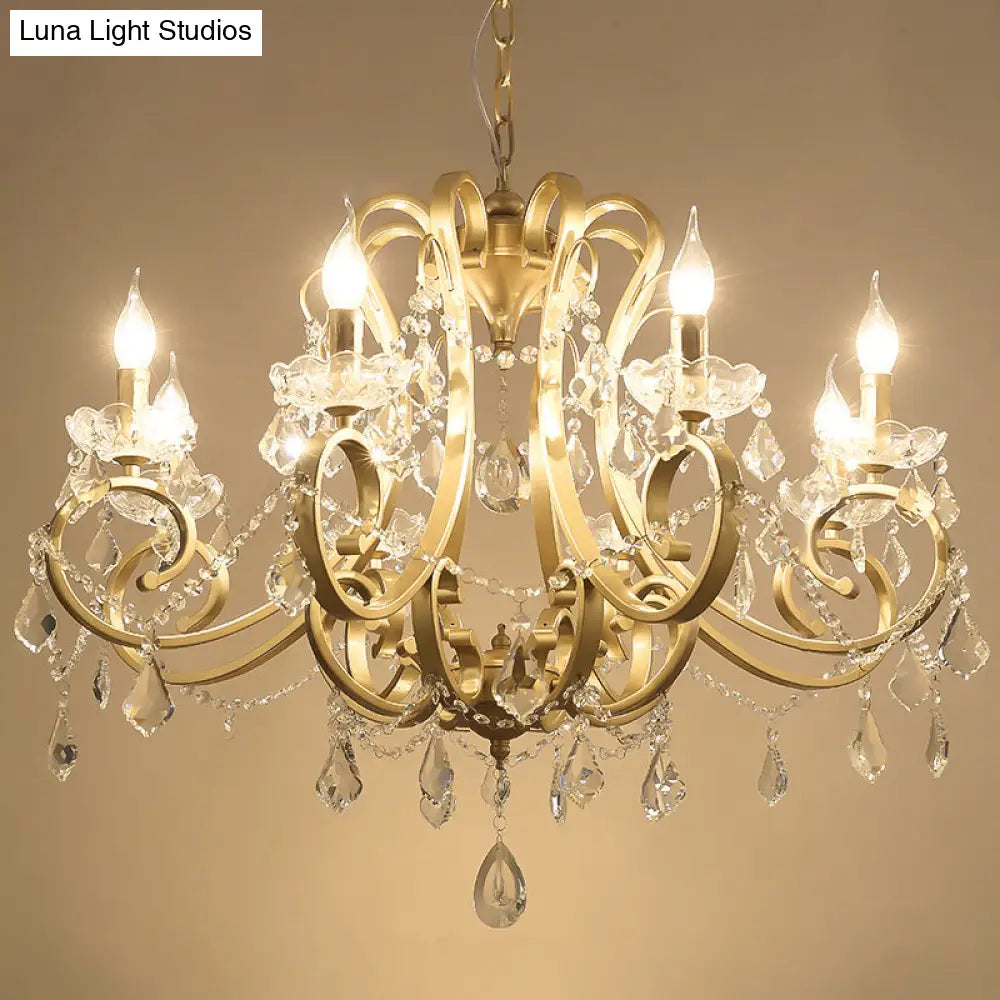 Rustic Gold Crystal Draping Chandelier With Scrolling Arms And Drops