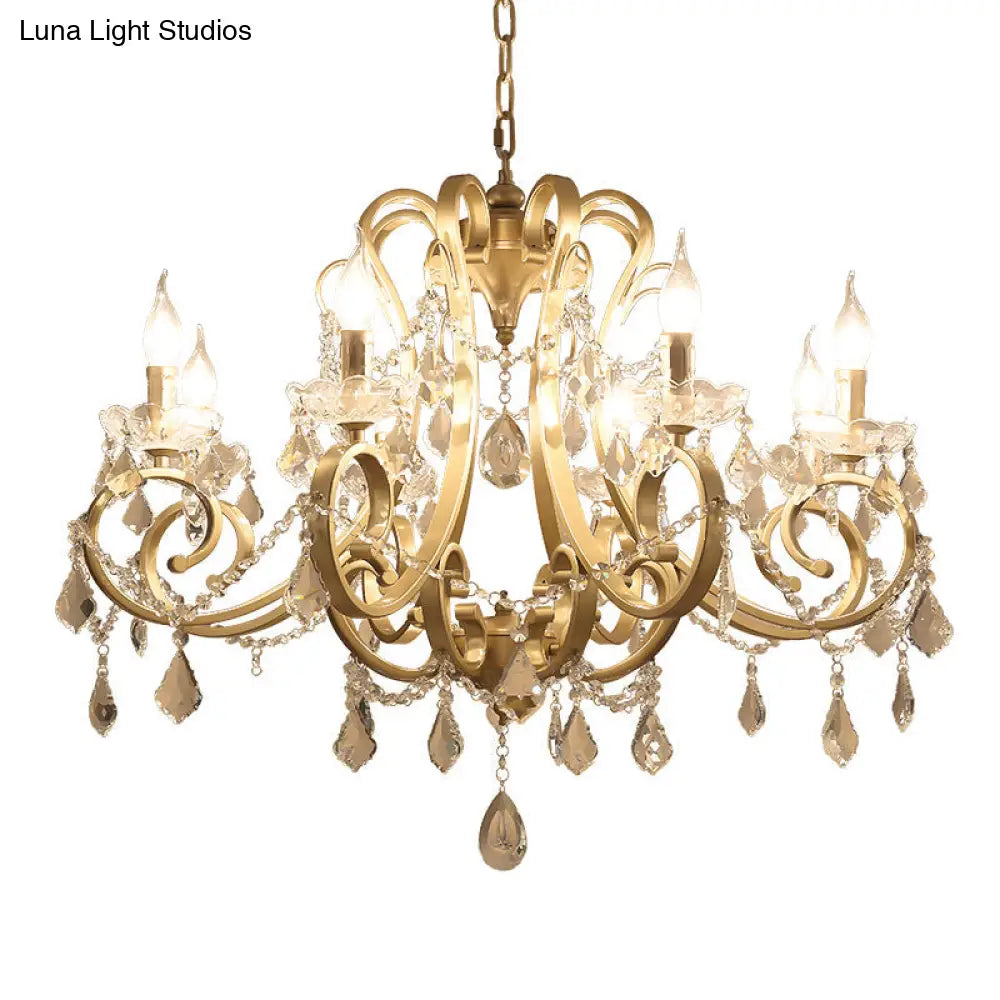 Rustic Gold Crystal Draping Chandelier With Scrolling Arms And Drops