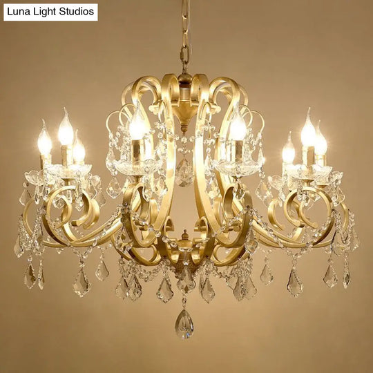 Rustic Gold Crystal Draping Chandelier With Scrolling Arms And Drops