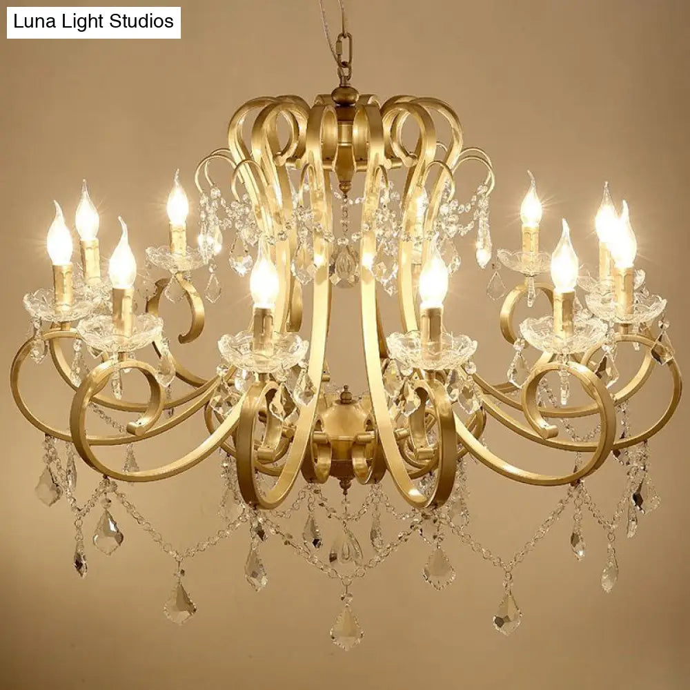 Rustic Gold Crystal Draping Chandelier With Scrolling Arms And Drops