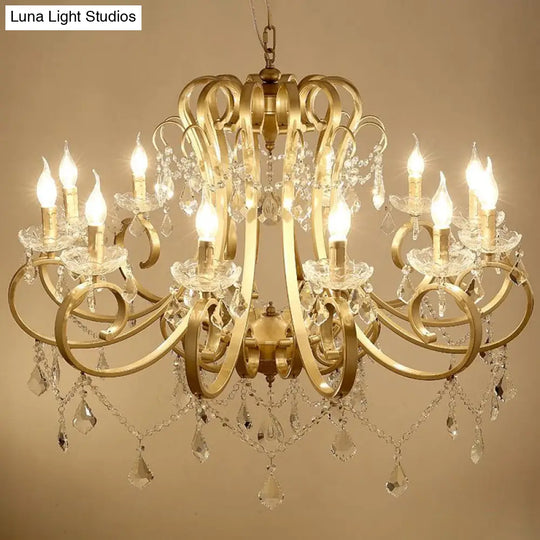 Rustic Gold Crystal Draping Chandelier With Scrolling Arms And Drops