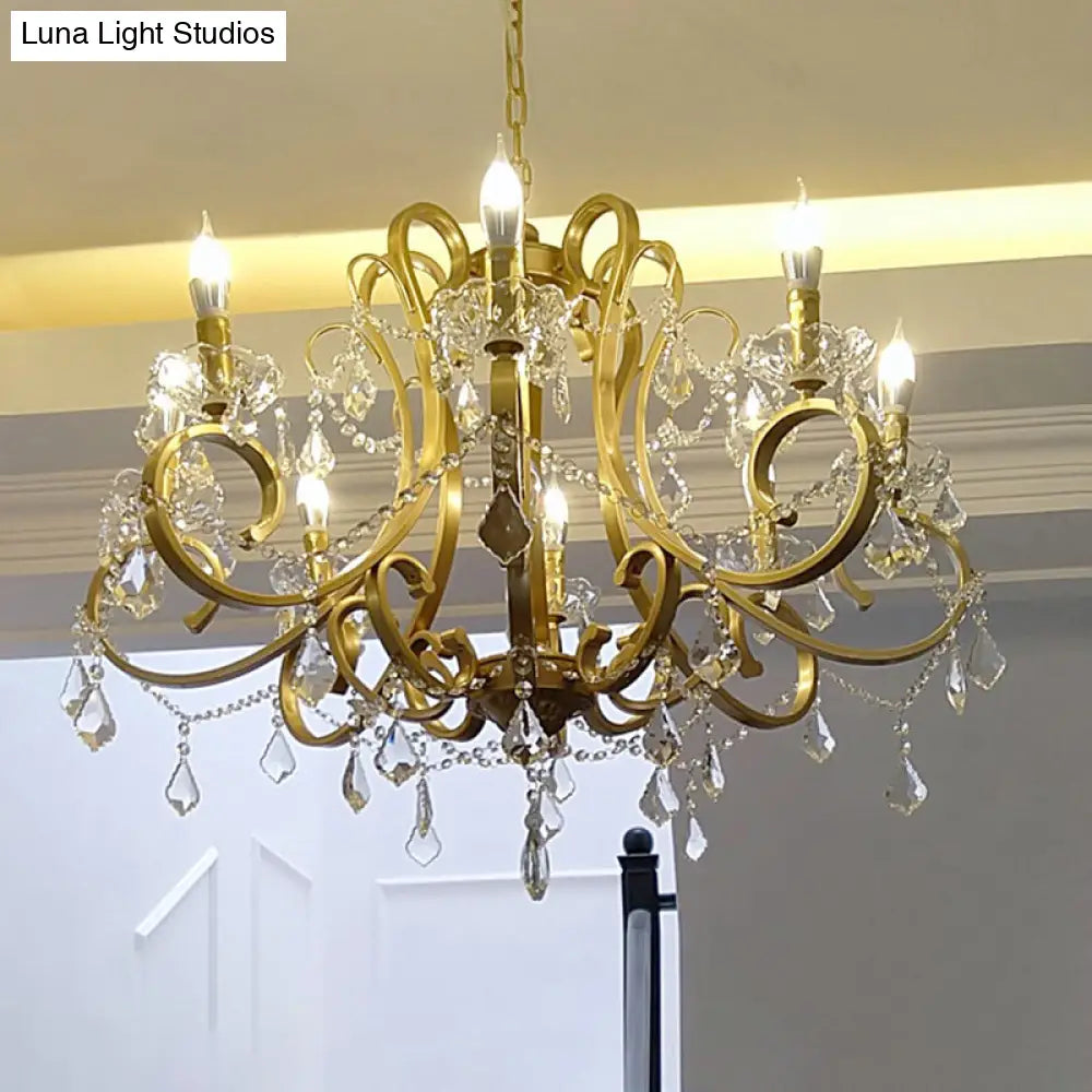 Rustic Gold Crystal Draping Chandelier With Scrolling Arms And Drops