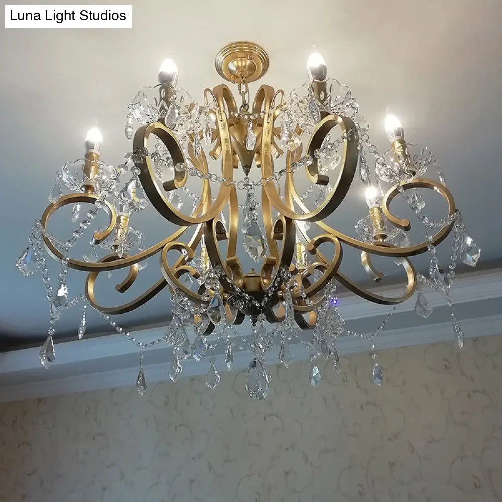 Rustic Gold Crystal Draping Chandelier With Scrolling Arms And Drops