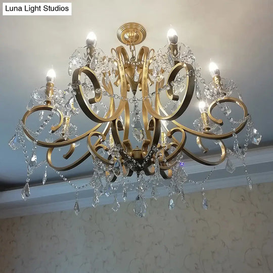 Rustic Gold Crystal Draping Chandelier With Scrolling Arms And Drops