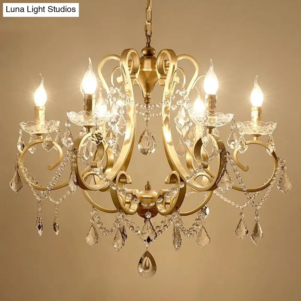 Rustic Gold Crystal Draping Chandelier With Scrolling Arms And Drops