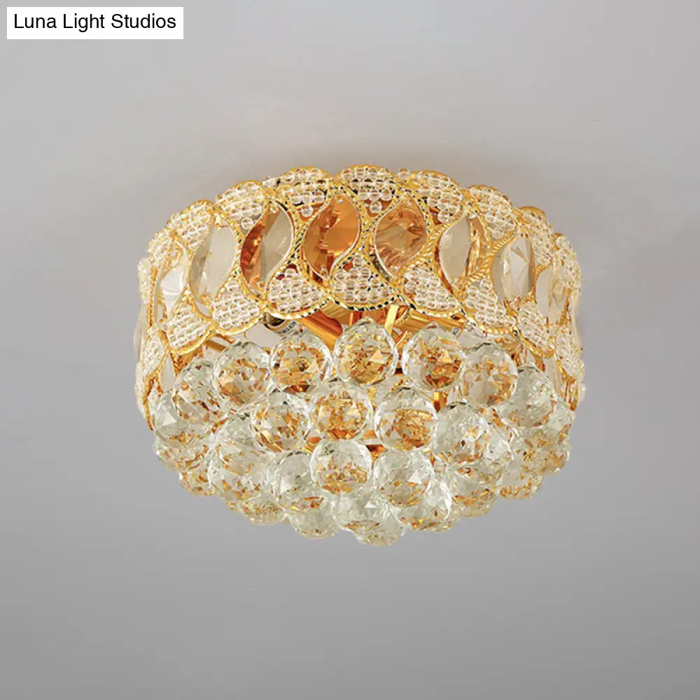 Rustic Gold Drum Shade Crystal Orb Flush Mount Lamp: 3 - Head Bedroom Ceiling Light Fixture
