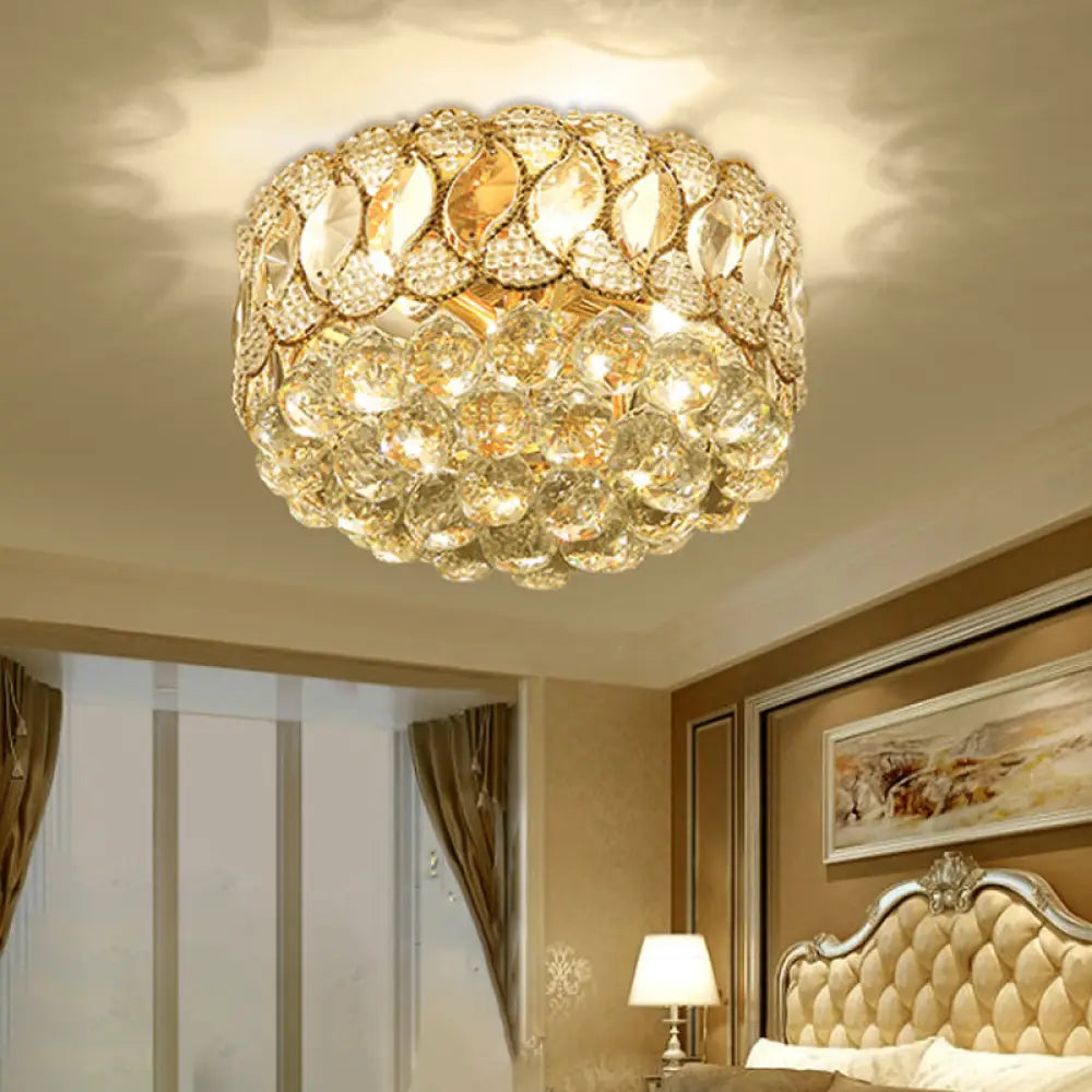 Rustic Gold Drum Shade Crystal Orb Flush Mount Lamp: 3 - Head Bedroom Ceiling Light Fixture