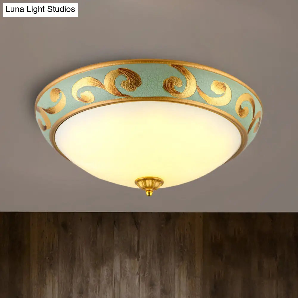 Rustic Gold Milk Glass Flush Light Fixture For Bedroom - 3 - Light Dome Ceiling Mount