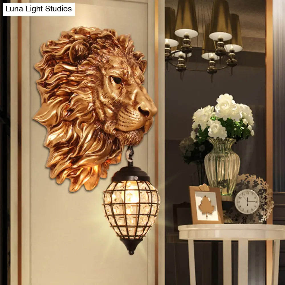 Rustic Gold Resin Lion Sconce Lighting: 1-Light Indoor Wall Lamp With Teardrop Shade