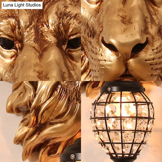 Rustic Gold Resin Lion Sconce Lighting: 1-Light Indoor Wall Lamp With Teardrop Shade