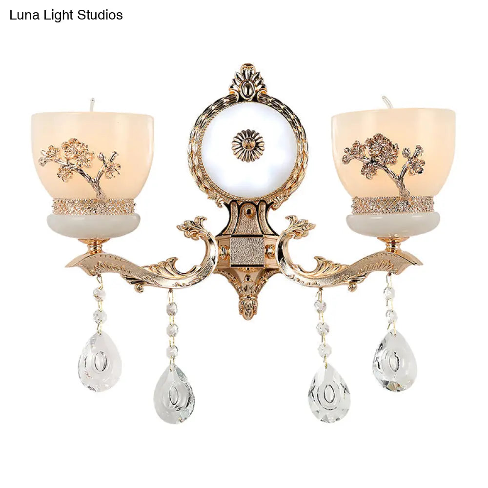 Rustic Gold Wall Sconce With Flower-Embossed Bowl And Frosted Glass - Crystal Accent