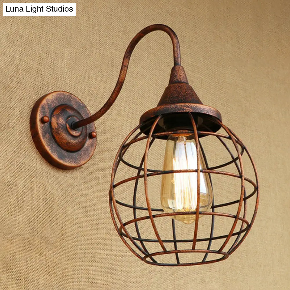 Rustic Gooseneck Wall Sconce With Ball Cage Rust/Black Finish