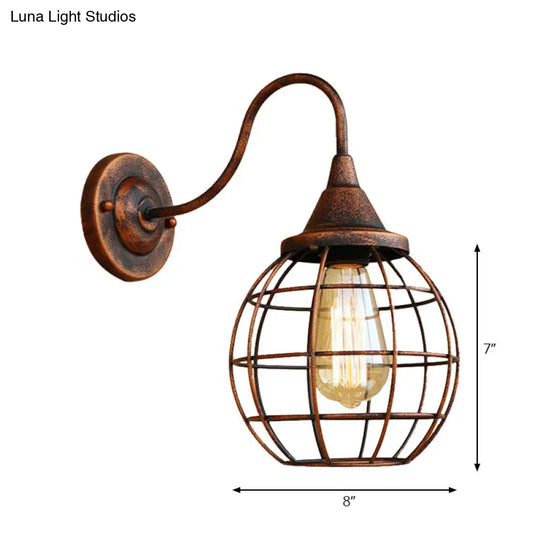 Rustic Gooseneck Wall Sconce With Ball Cage Rust/Black Finish