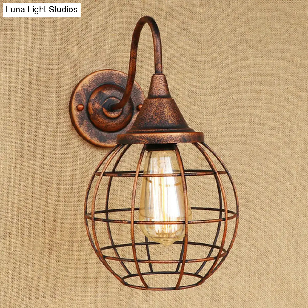 Rustic Gooseneck Wall Sconce With Ball Cage Rust/Black Finish