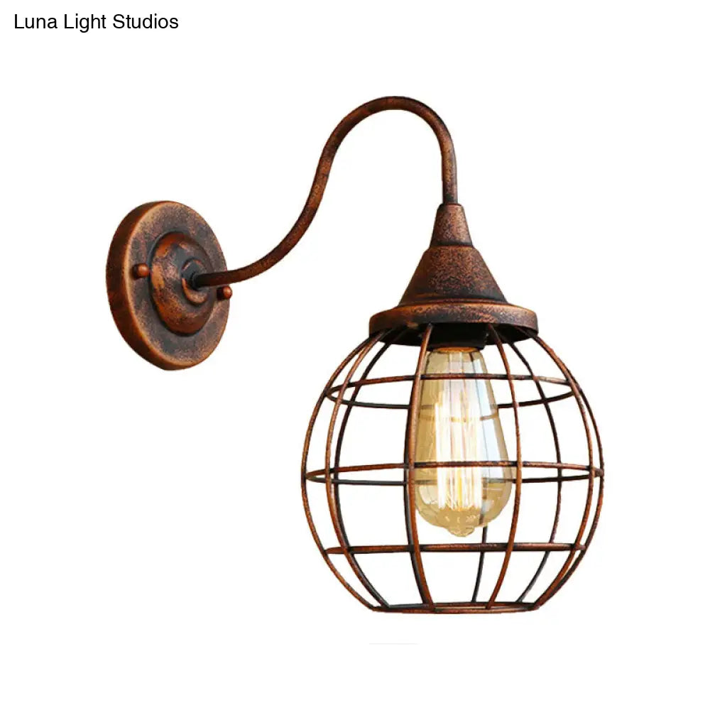 Rustic Gooseneck Wall Sconce With Ball Cage Rust/Black Finish