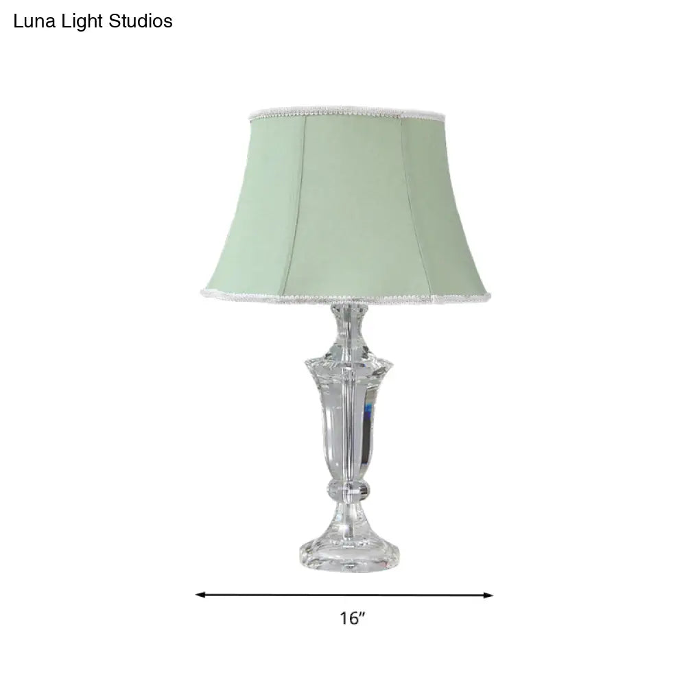 Rustic Green Fabric Bell Table Lamp With Crystal Base: 1-Light Paneled Design For Bedroom Or Night