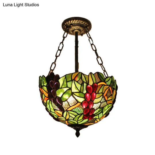 Rustic Leaf Pattern Inverted Bowl Ceiling Light Fixture - Semi Flush For Foyer Green / B