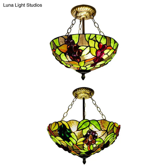 Rustic Green Leaf Pattern Ceiling Light Fixture - Inverted Bowl Design Ideal For Foyer Semi Flush