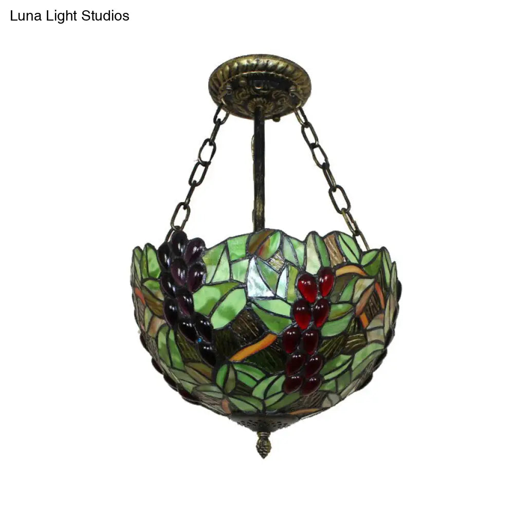 Rustic Leaf Pattern Inverted Bowl Ceiling Light Fixture - Semi Flush For Foyer Green