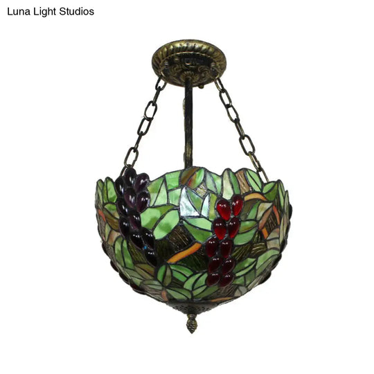 Rustic Leaf Pattern Inverted Bowl Ceiling Light Fixture - Semi Flush For Foyer Green