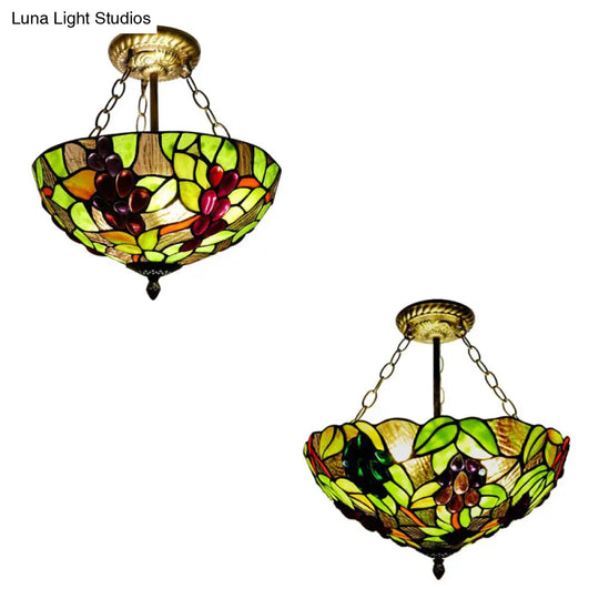 Rustic Green Leaf Pattern Ceiling Light Fixture - Inverted Bowl Design Ideal For Foyer Semi Flush