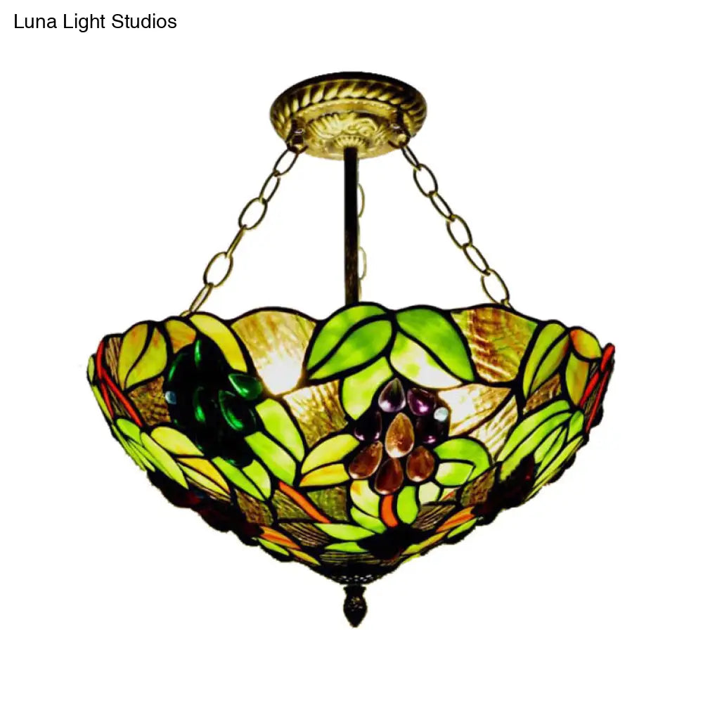 Rustic Leaf Pattern Inverted Bowl Ceiling Light Fixture - Semi Flush For Foyer Green / D