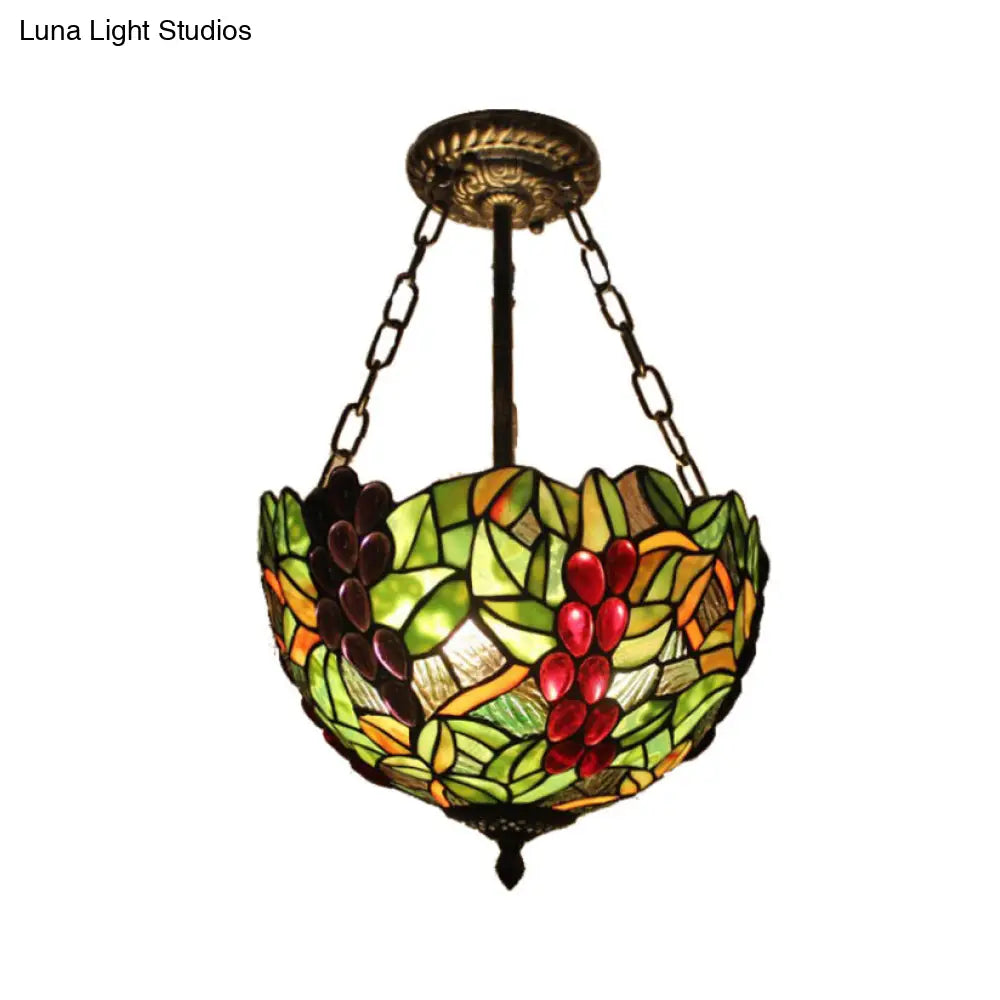 Rustic Leaf Pattern Inverted Bowl Ceiling Light Fixture - Semi Flush For Foyer Green / Grape