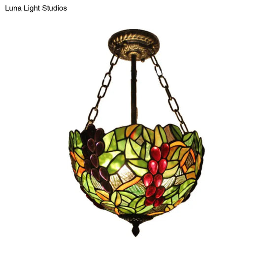 Rustic Leaf Pattern Inverted Bowl Ceiling Light Fixture - Semi Flush For Foyer Green / Grape