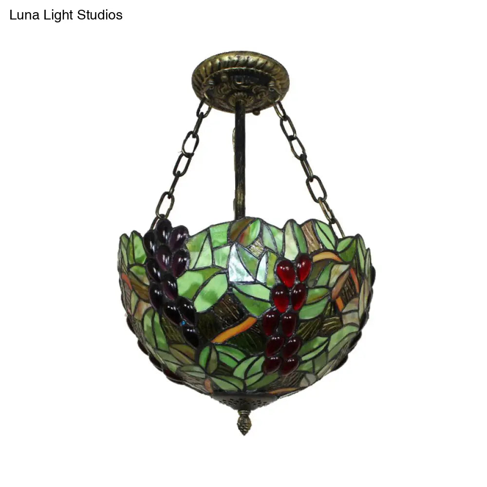 Rustic Green Leaf Pattern Ceiling Light Fixture - Inverted Bowl Design Ideal For Foyer Semi Flush