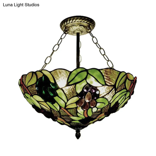 Rustic Green Leaf Pattern Ceiling Light Fixture - Inverted Bowl Design Ideal For Foyer Semi Flush