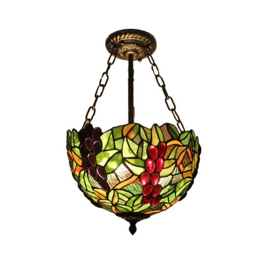 Rustic Green Leaf Pattern Ceiling Light Fixture - Inverted Bowl Design Ideal For Foyer Semi Flush