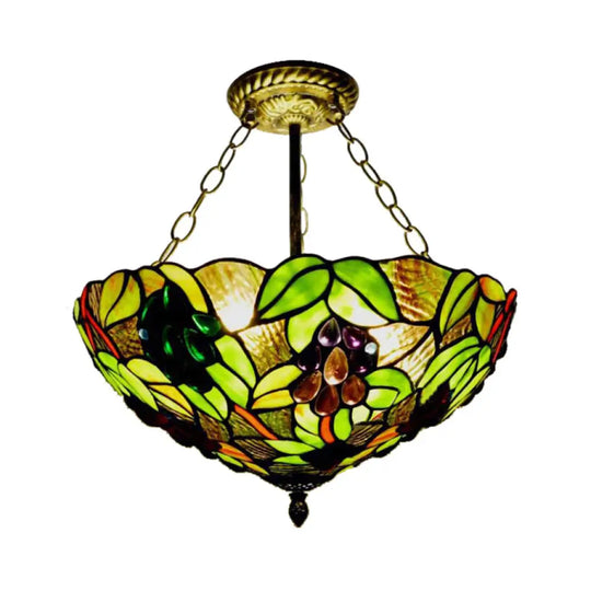 Rustic Green Leaf Pattern Ceiling Light Fixture - Inverted Bowl Design Ideal For Foyer Semi Flush