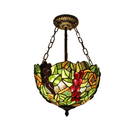 Rustic Green Leaf Pattern Ceiling Light Fixture - Inverted Bowl Design Ideal For Foyer Semi Flush