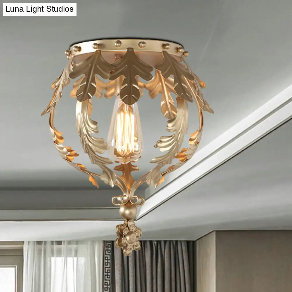 Rustic Grey/White/Gold Metal Leaf Crown Flush Light Ceiling Lamp For Corridor