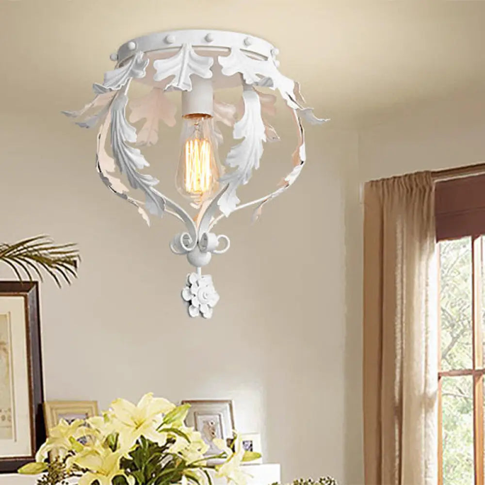 Rustic Grey/White/Gold Metal Leaf Crown Flush Light Ceiling Lamp For Corridor White