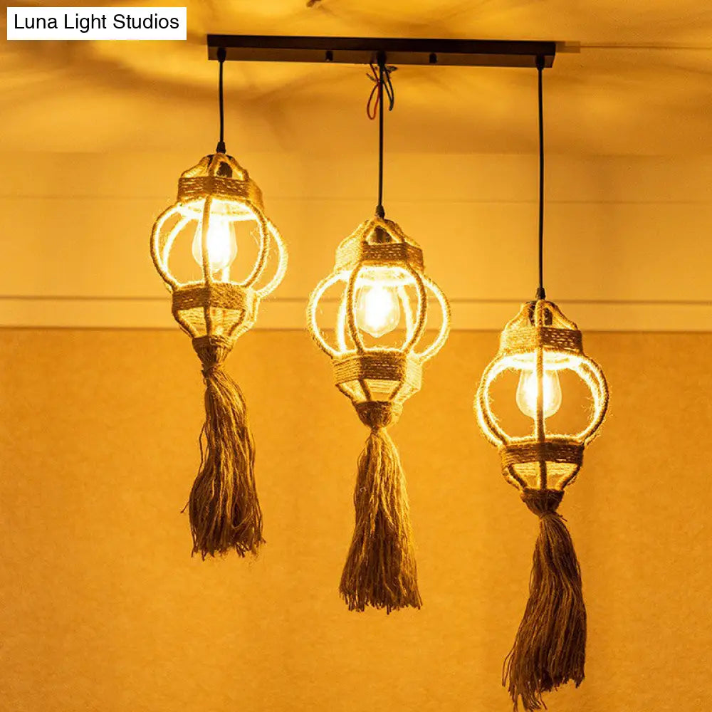 Rustic Hand-Crafted Kitchen Ceiling Light: Farmhouse Hemp Rope Pendant With Brown Cluster 3/6-Head