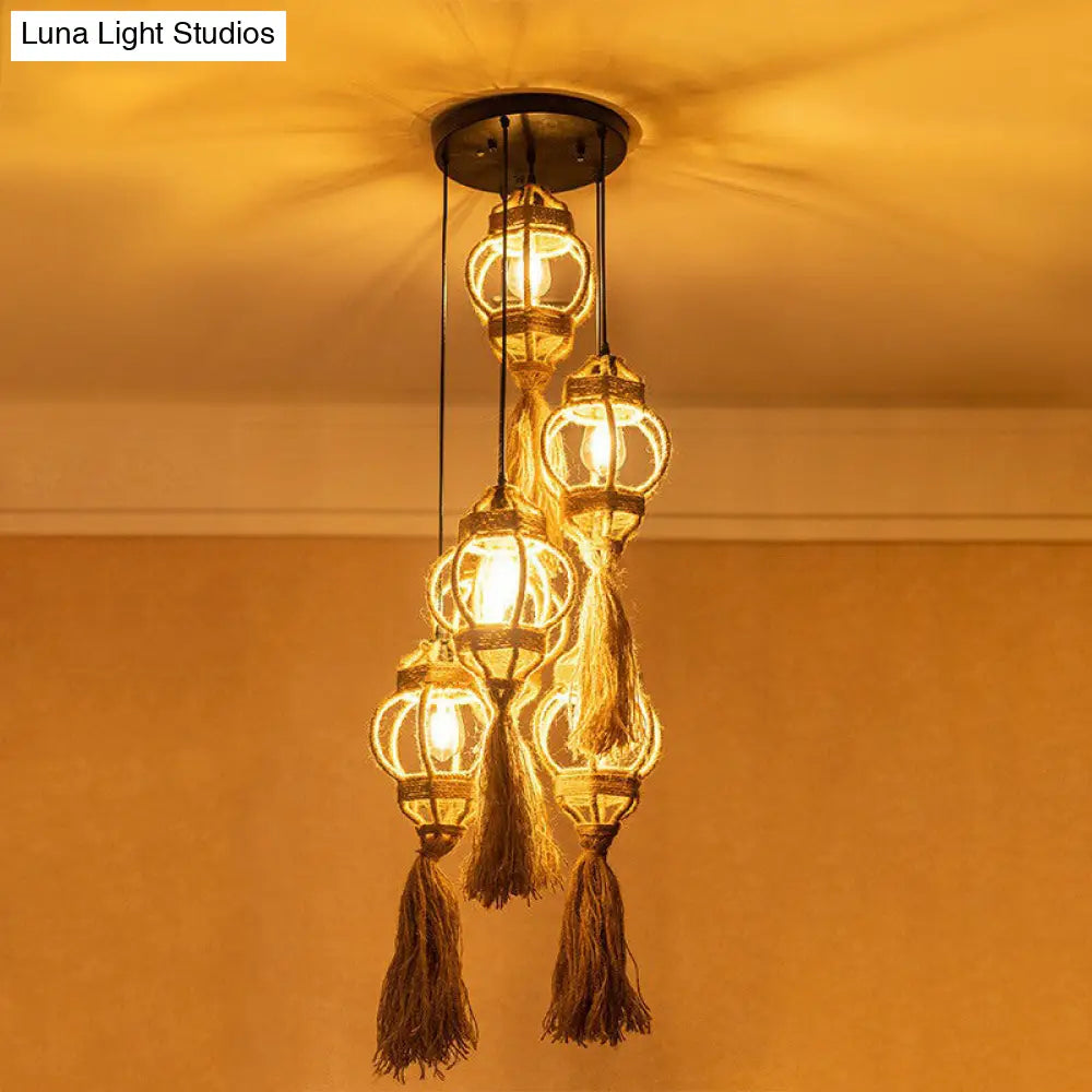 Lantern Kitchen Ceiling Light - Handmade Farmhouse Style With Hemp Rope Detailing And Brown Cluster