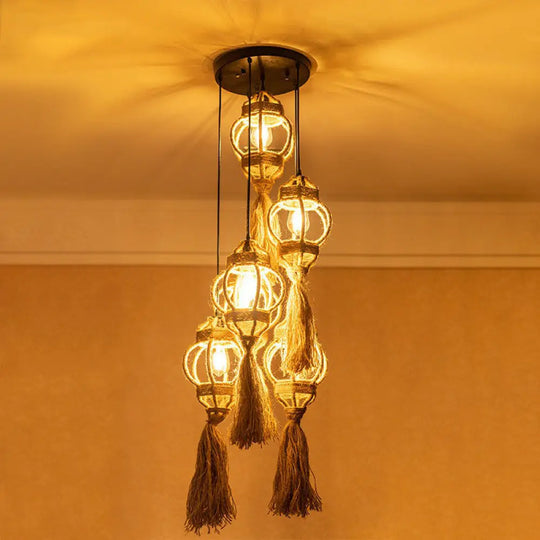 Rustic Hand-Crafted Kitchen Ceiling Light: Farmhouse Hemp Rope Pendant With Brown Cluster 3/6-Head