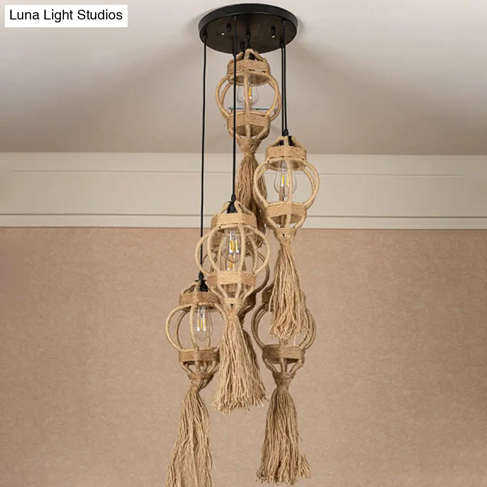 Rustic Hand-Crafted Kitchen Ceiling Light: Farmhouse Hemp Rope Pendant With Brown Cluster 3/6-Head