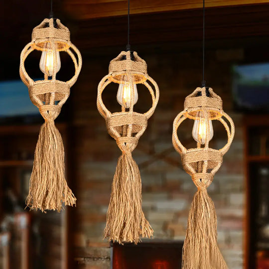 Rustic Hand-Crafted Kitchen Ceiling Light: Farmhouse Hemp Rope Pendant With Brown Cluster 3/6-Head