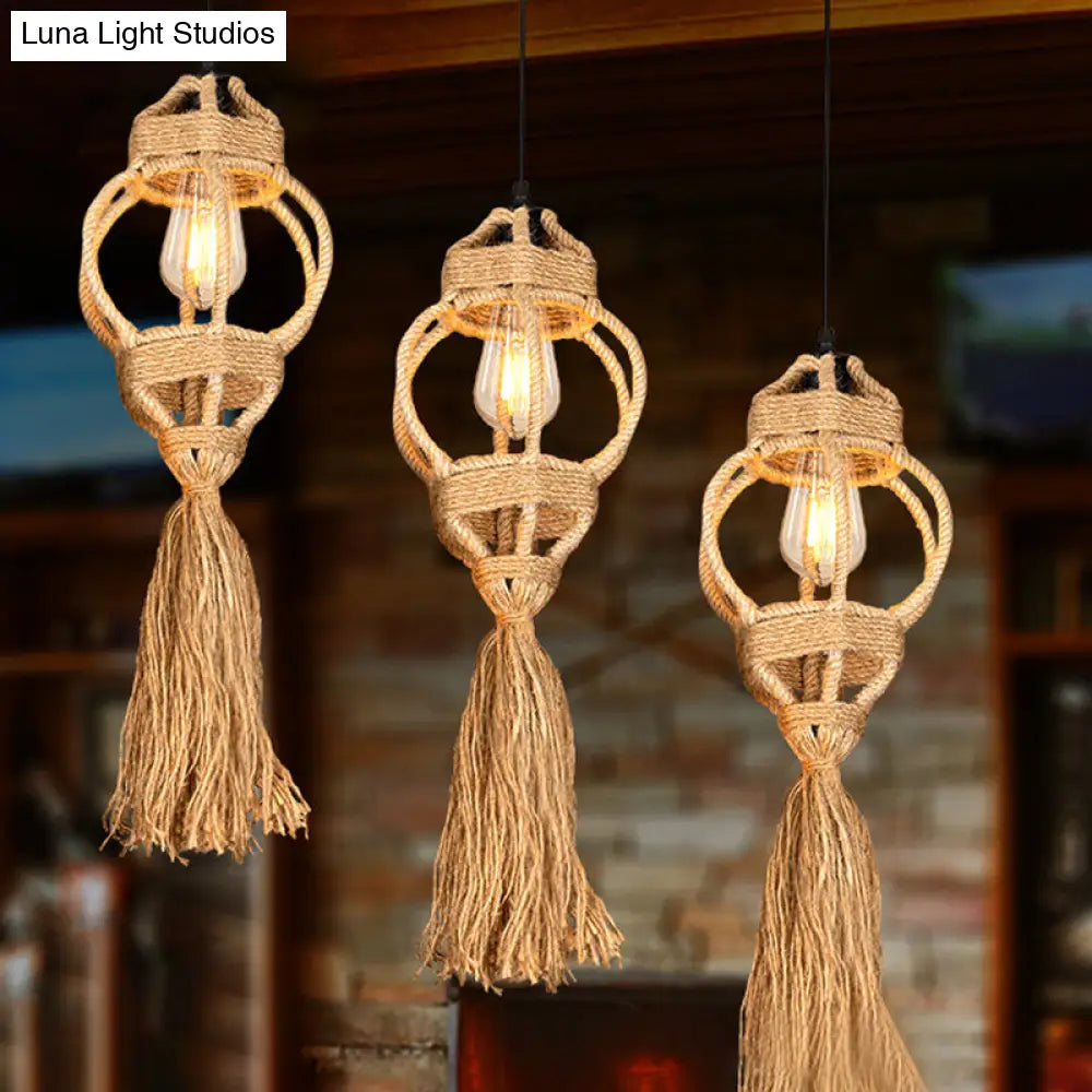 Lantern Kitchen Ceiling Light - Handmade Farmhouse Style With Hemp Rope Detailing And Brown Cluster