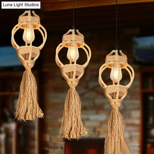 Lantern Kitchen Ceiling Light - Handmade Farmhouse Style With Hemp Rope Detailing And Brown Cluster