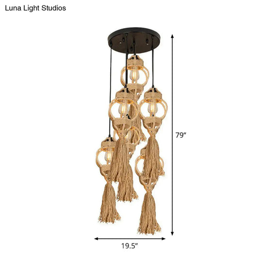 Lantern Kitchen Ceiling Light - Handmade Farmhouse Style With Hemp Rope Detailing And Brown Cluster