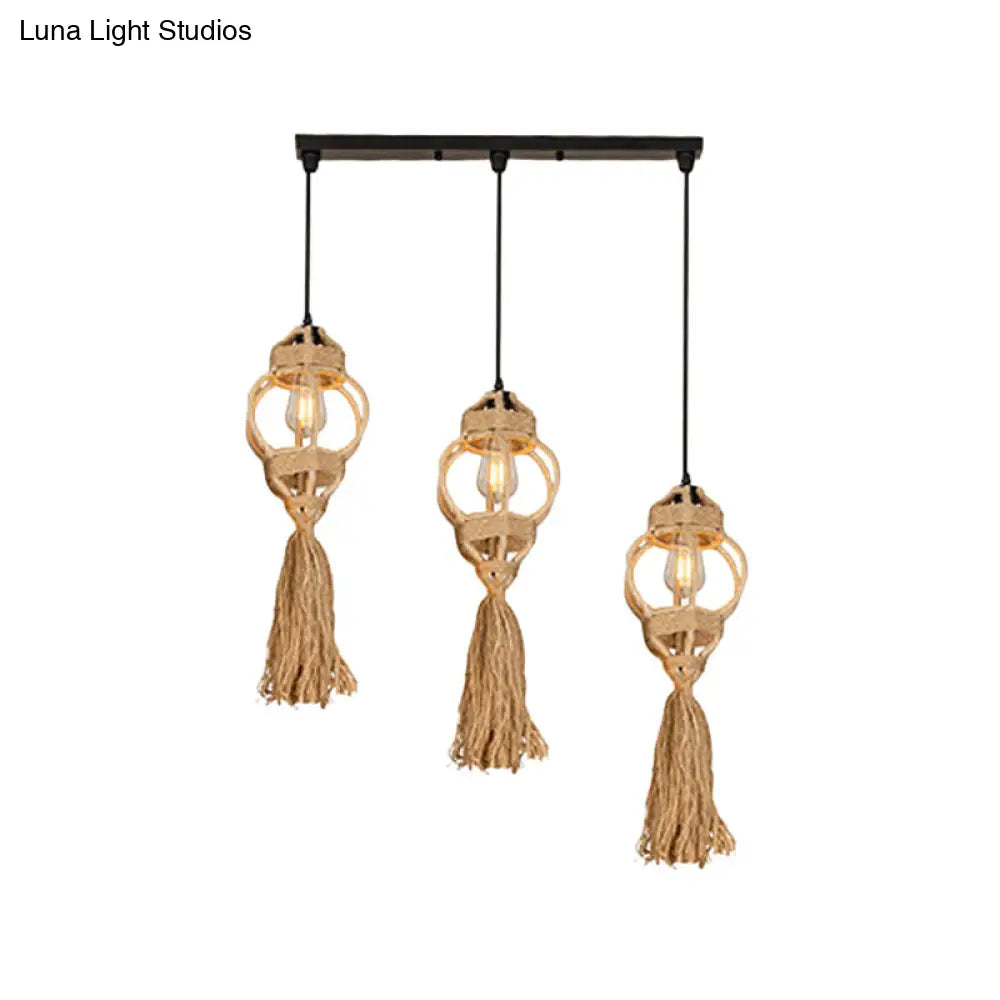 Lantern Kitchen Ceiling Light - Handmade Farmhouse Style With Hemp Rope Detailing And Brown Cluster