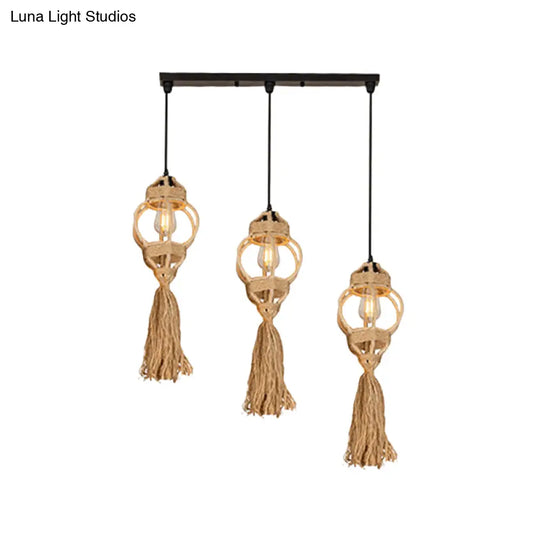 Rustic Hand-Crafted Kitchen Ceiling Light: Farmhouse Hemp Rope Pendant With Brown Cluster 3/6-Head