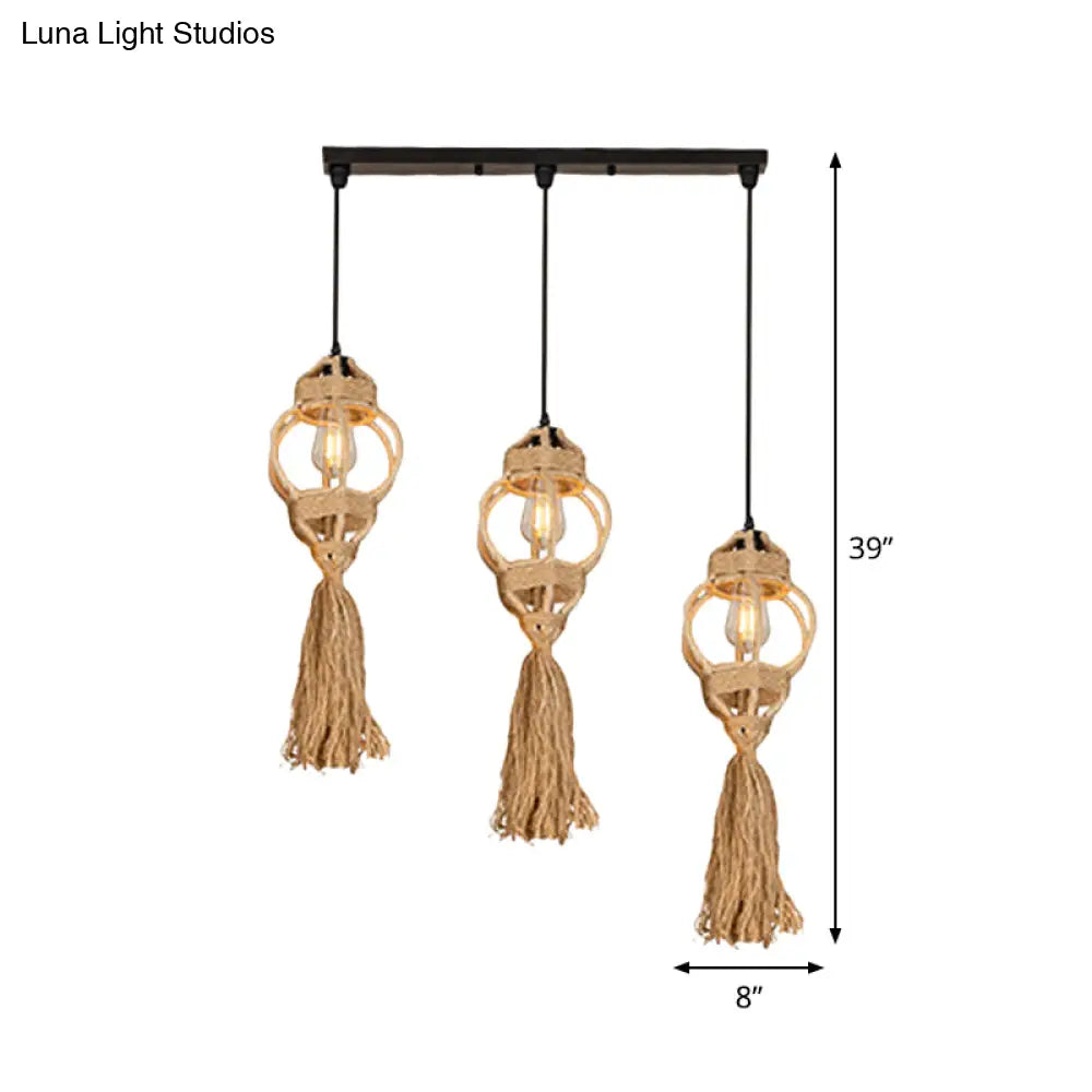 Rustic Hand-Crafted Kitchen Ceiling Light: Farmhouse Hemp Rope Pendant With Brown Cluster 3/6-Head