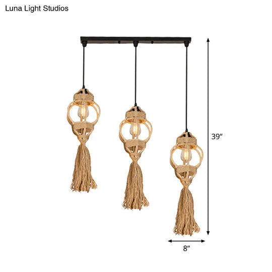 Rustic Hand-Crafted Kitchen Ceiling Light: Farmhouse Hemp Rope Pendant With Brown Cluster 3/6-Head