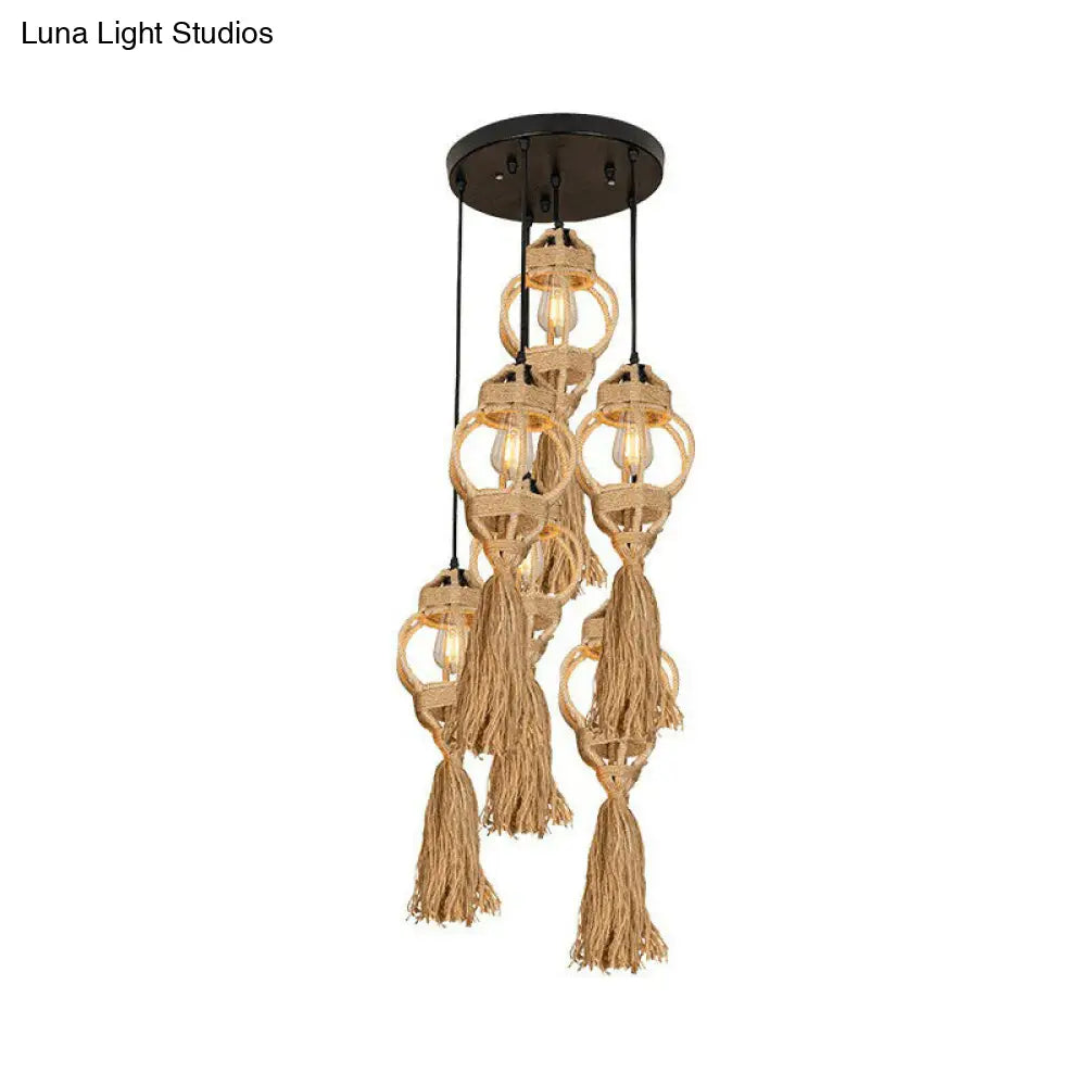 Lantern Kitchen Ceiling Light - Handmade Farmhouse Style With Hemp Rope Detailing And Brown Cluster